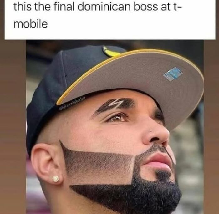 Close-up of a man with a creative beard and eyebrow design, featured in Hispanic memes about unique cultural style.