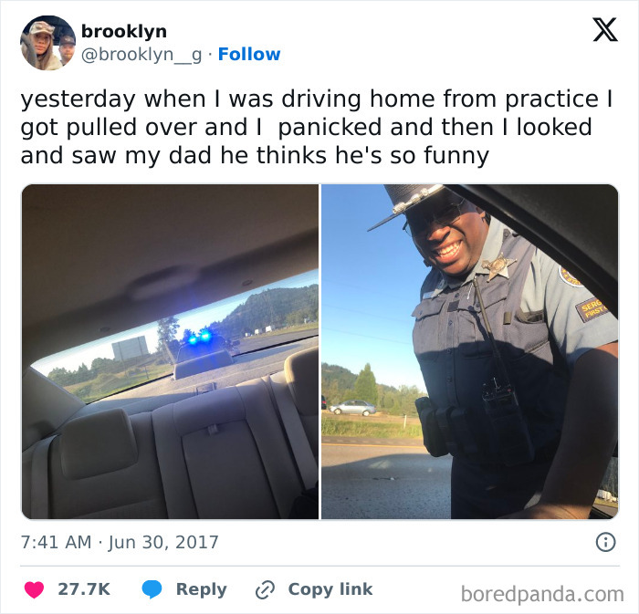 Hilarious dad disguised as a police officer pulling over his child, showcasing funny moments in fatherhood.