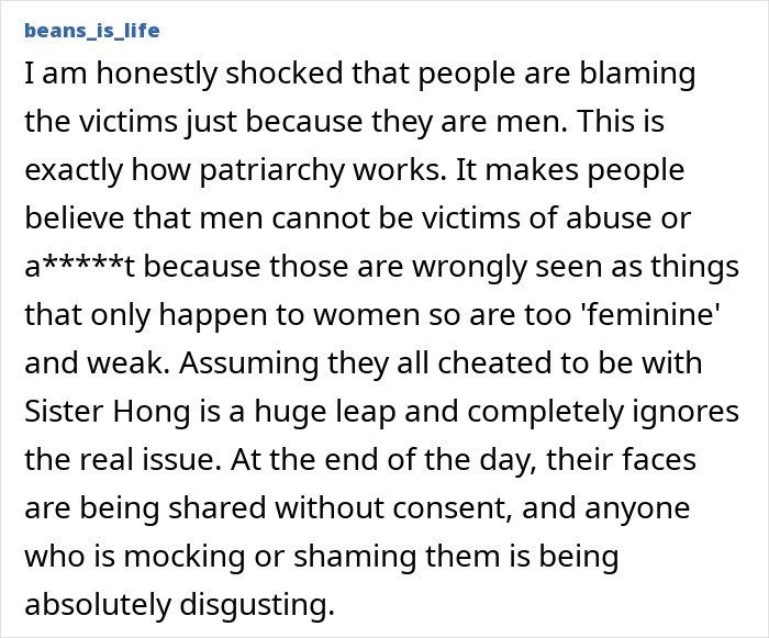 Comment discussing victim blaming and consent issues related to viral predator Sister Hong secretly filming intimate encounters.