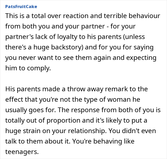 Comment text discussing a woman overhearing boyfriend&rsquo;s parents talking about her and refusing to see them again.