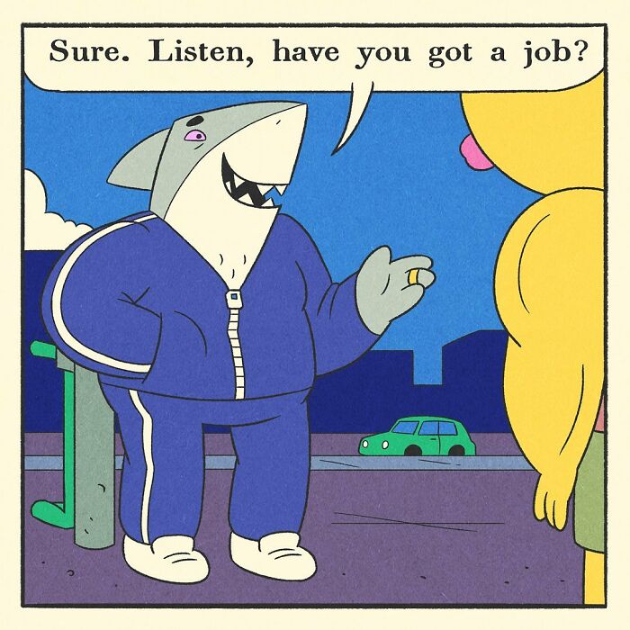 Comic panel showing a bodybuilding duck encouraging friends at the gym with a friendly and soft-hearted expression.