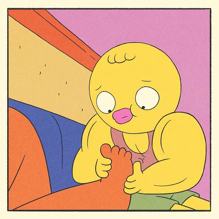 Bodybuilding duck with a soft heart gently holding a cat character’s foot on a blue couch in a colorful comic scene.