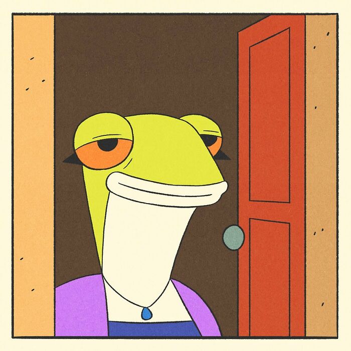 Bodybuilding duck cartoon character with a worried expression saying oh that's no good in a comic panel.