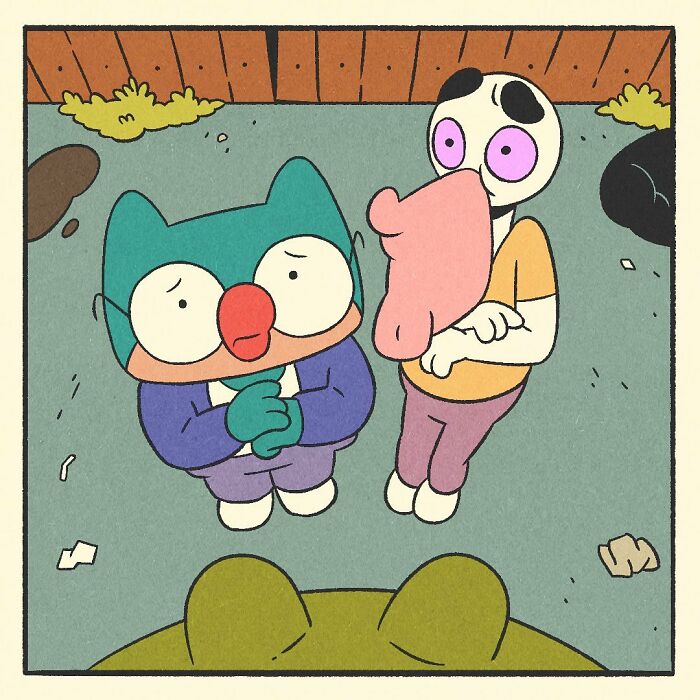 Cartoon comic featuring a bodybuilding duck character with a soft heart standing by a door with no entry sign.