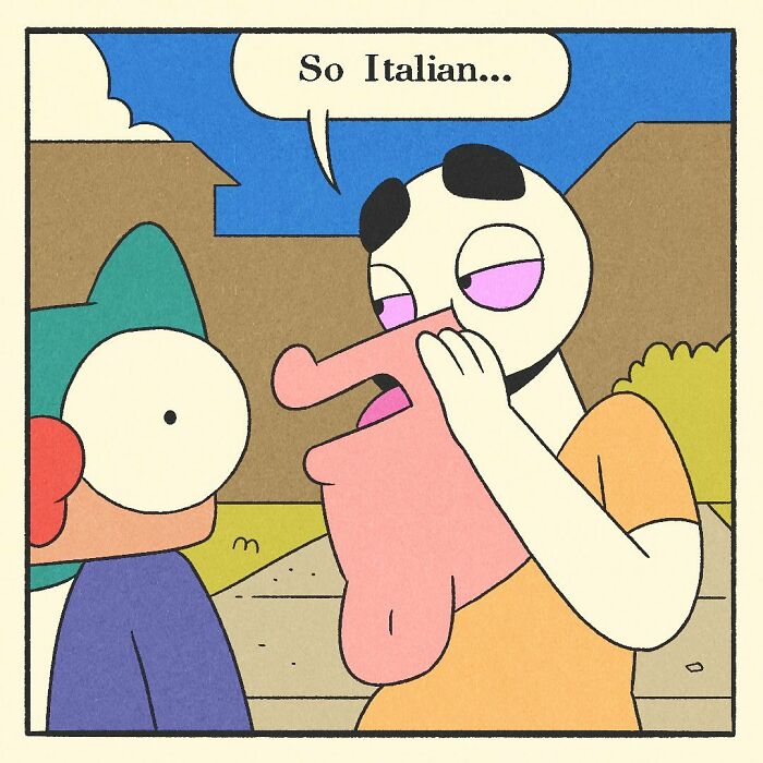 Bodybuilding duck character holding a baby, standing between a fox and a shark in a comic-style illustration.