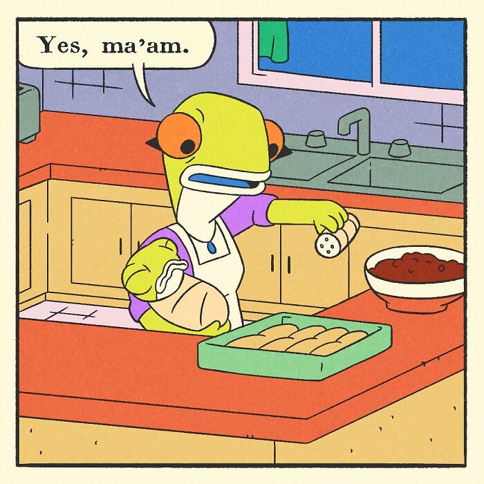 Muscular yellow duck gently massaging the foot of a relaxed fox character in a colorful comic scene.