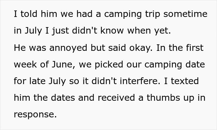 Text excerpt showing a woman explaining her camping plans and poor communication with her dad after last attempt.