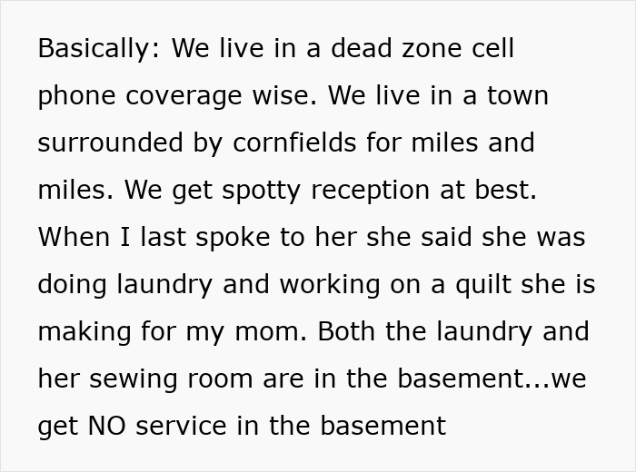 Text excerpt about dead zone cell phone coverage and spotty reception affecting communication in a rural town surrounded by cornfields.