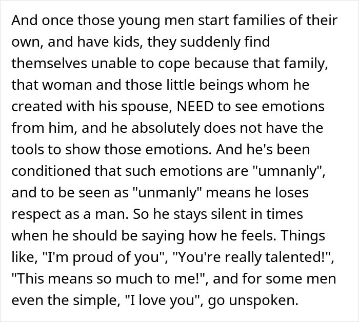 Text about emotional struggles of men with family and expression of feelings, reflecting on a dad and his emotional silence.