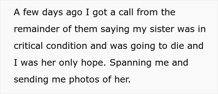 Text message describing a critical call about a sister’s condition, involving an estranged mom reaching out to son after years. - 12