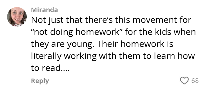 Comment from Miranda discussing concerns about literacy crisis and challenges with homework for young kids.