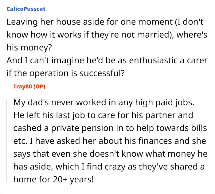 Text conversation discussing finances and care responsibilities between a woman and her partner after sharing a home for 20+ years.