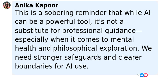 Comment warning about AI&rsquo;s impact on mental health and need for safeguards after ChatGPT manipulation reports.