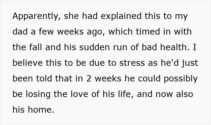 Text describing a woman deciding to leave her partner homeless if she dies, causing emotional stress and loss of home.