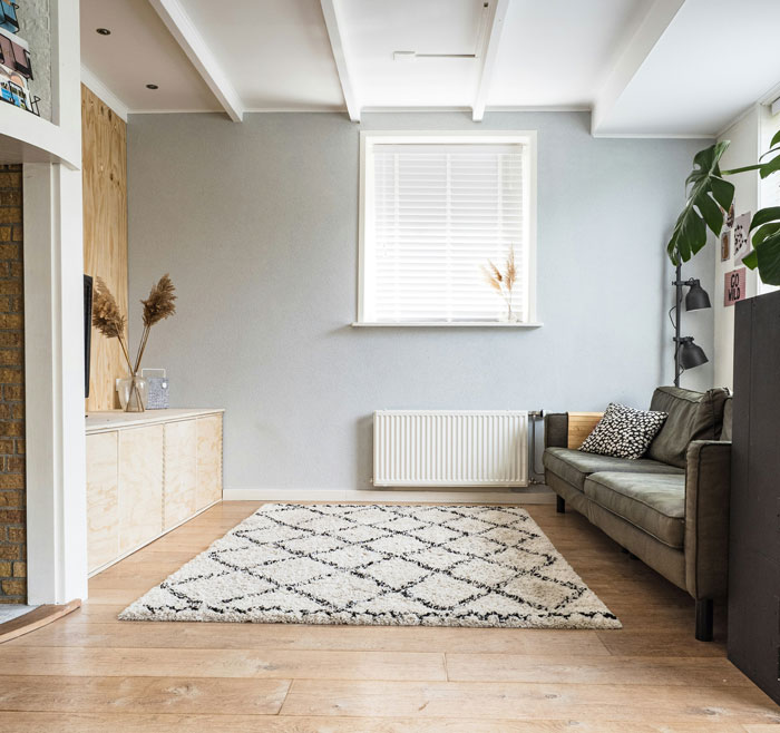 Minimalist living room with oldschool home trends including a patterned rug and neutral sofa, reflecting millennial home style.