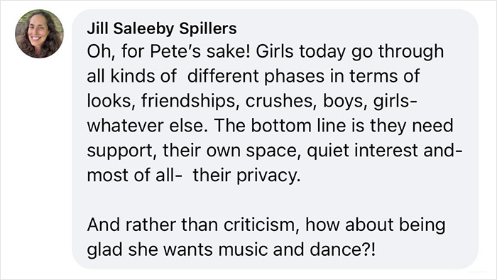Screenshot of a comment by Jill Saleeby Spillers discussing teenage phases, privacy, and support for Shiloh Jolie-Pitt's life choices.