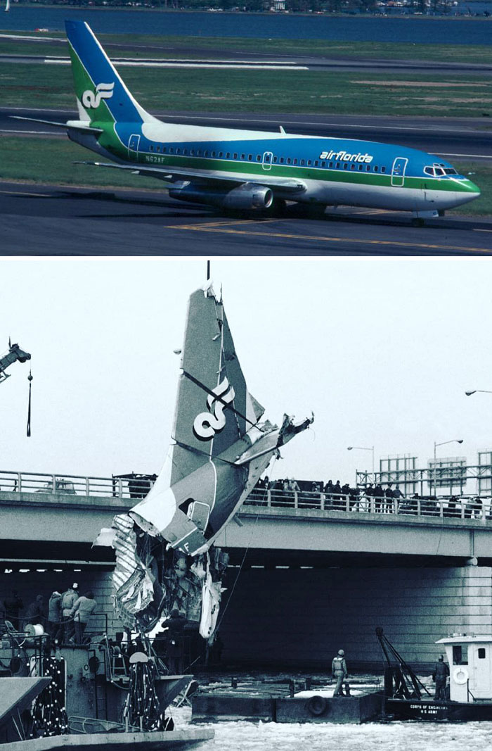 Top image of an Air Florida plane on a runway and bottom image showing the plane wreckage being recovered after crash.