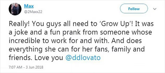 Screenshot of a tweet defending Demi Lovato, addressing fans' reactions to her shocking x-rated act toward bodyguard. Screenshot of a tweet defending Demi Lovato, addressing fans' reactions to her shocking x-rated act toward bodyguard.
