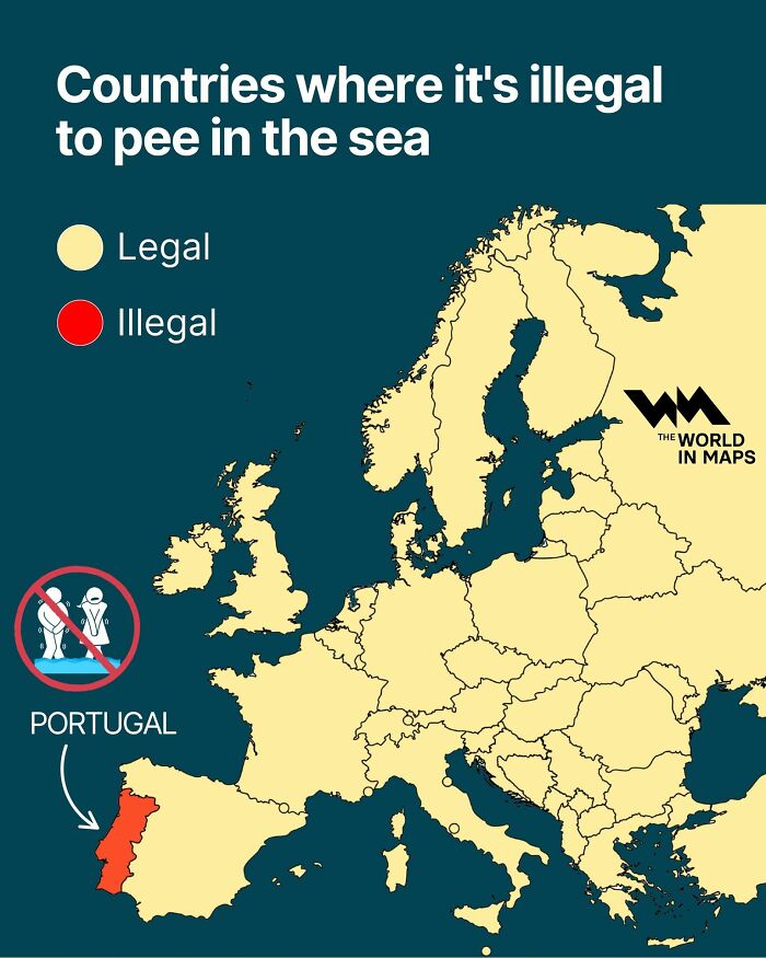 Map of Europe showing countries where it is illegal to pee in the sea, highlighted for Simon Shows You Maps infographic.