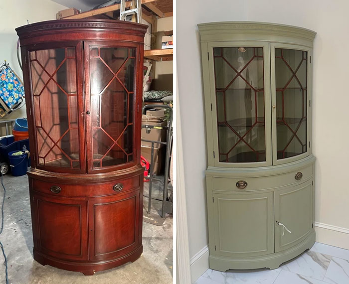 Before and after furniture flipping transformation of a vintage wooden cabinet painted sage green by pros.