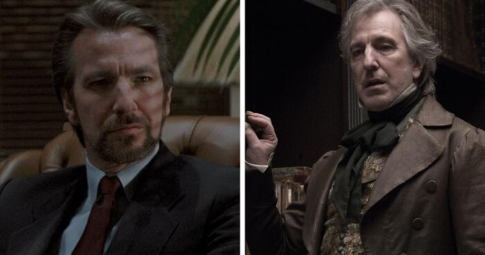 Side-by-side images of the same actor portraying two different characters in distinct costumes and settings. - 2