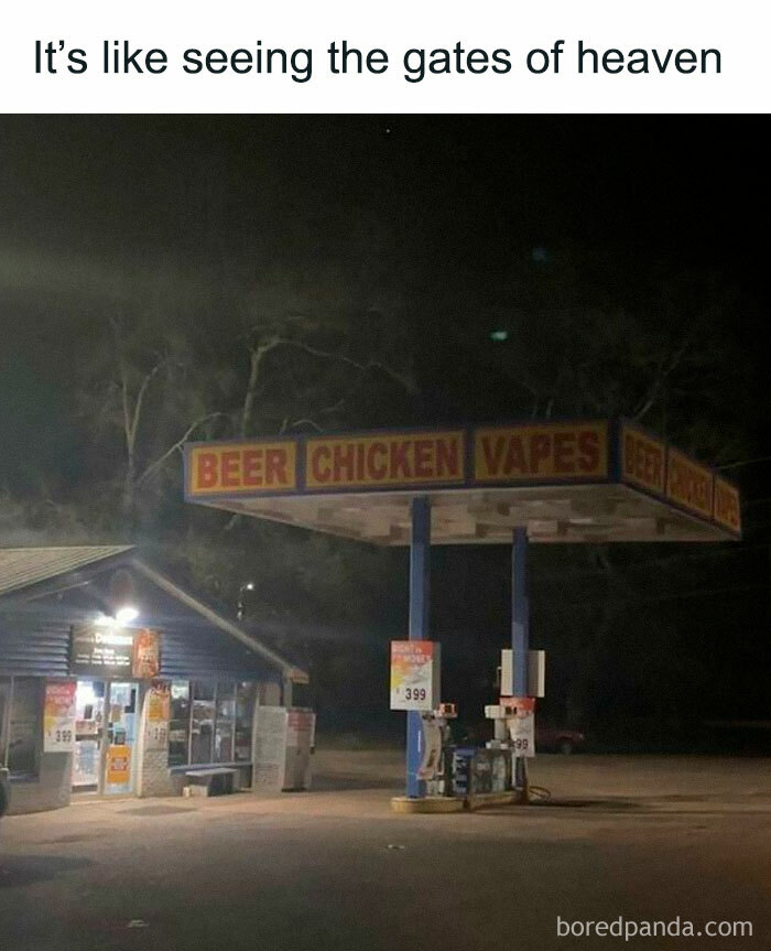 Nighttime photo of a gas station with signs for beer, chicken, and vapes, a nerdy and weird meme scene.