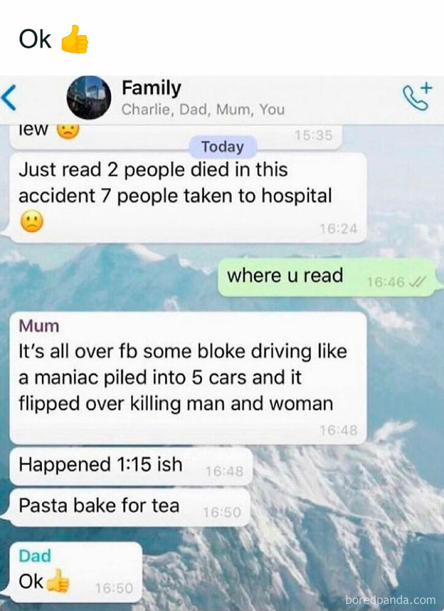 Family group chat showing a British humor meme with casual conversation about an accident and tea plans.