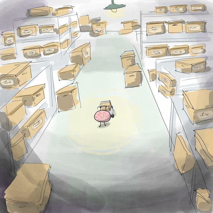 Man happily waving goodbye while a small brain with legs writes notes, illustrating funny comics about arguing with your brain.