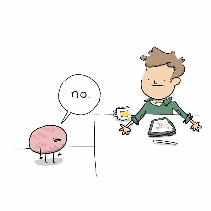 Funny comic showing a person arguing with their own brain about having more coffee at the table.