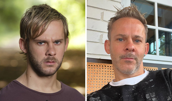 Side-by-side images showing a Lost cast member 15 years after the show in casual indoor and outdoor settings