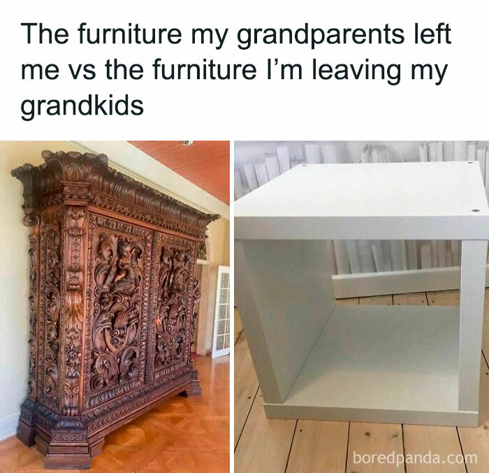 Comparison meme showing vintage ornate furniture versus simple modern furniture, evoking nostalgia for Tamagotchis and VHS tapes.