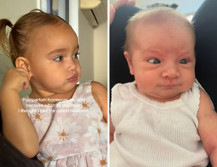 Two young children showing expressions related to postpartum hormones and emotions about newborns.