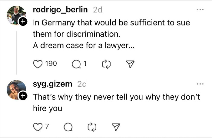 Social media comments discuss discrimination and lack of explanations for rejection in a woman with 15 years experience. Social media comments discuss discrimination and lack of explanations for rejection in a woman with 15 years experience.