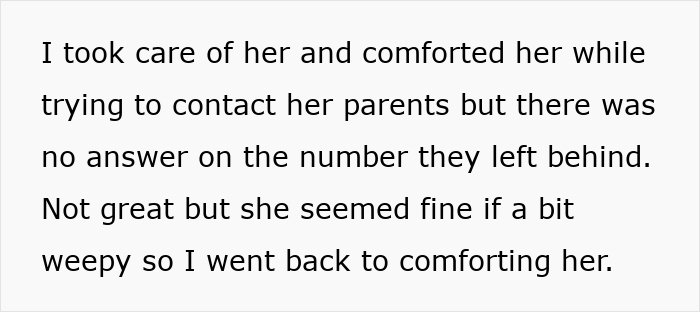 Text excerpt describing caring for a child and attempting to contact parents, relevant to family blacklisted local babysitters.