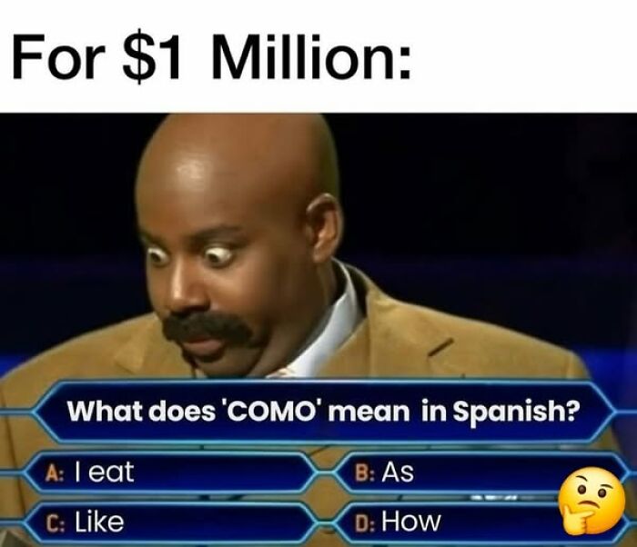 Man with surprised expression answering a Spanish language question in a funny meme about being Hispanic.