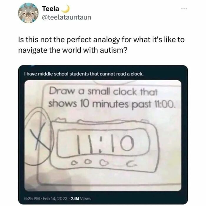 Tweet showing a misunderstood clock drawing illustrating challenges many neurodivergents face with time concepts.