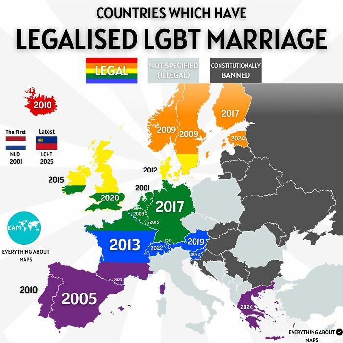 Map showing European countries that have legalised LGBT marriage, highlighting years and legal status with colorful infographic data.