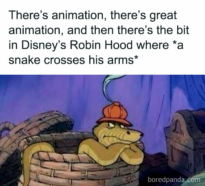 Nostalgic 90s animation showing a snake crossing its arms in Disney’s Robin Hood, capturing the magic of growing up in the ’90s.