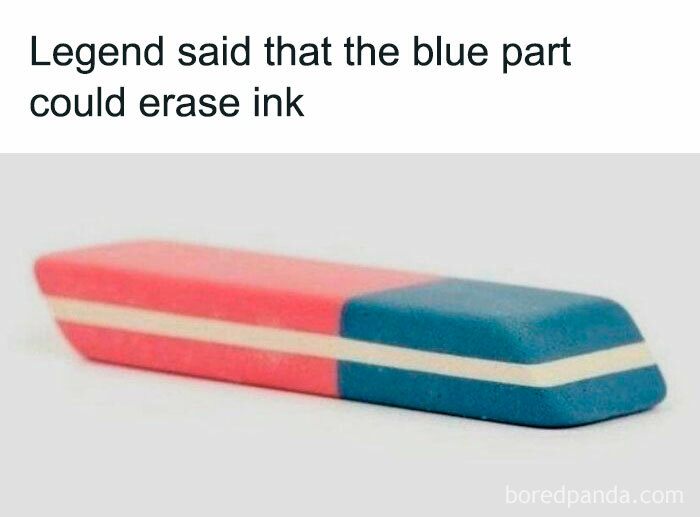 Blue and pink eraser from the ’90s, remembered as a nostalgic item many believed could erase ink perfectly.