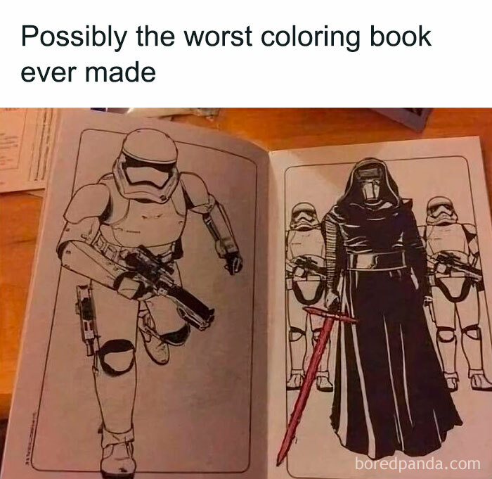 Star Wars coloring book pages with stormtroopers and a dark figure, evoking nostalgic posts about growing up in the ’90s.