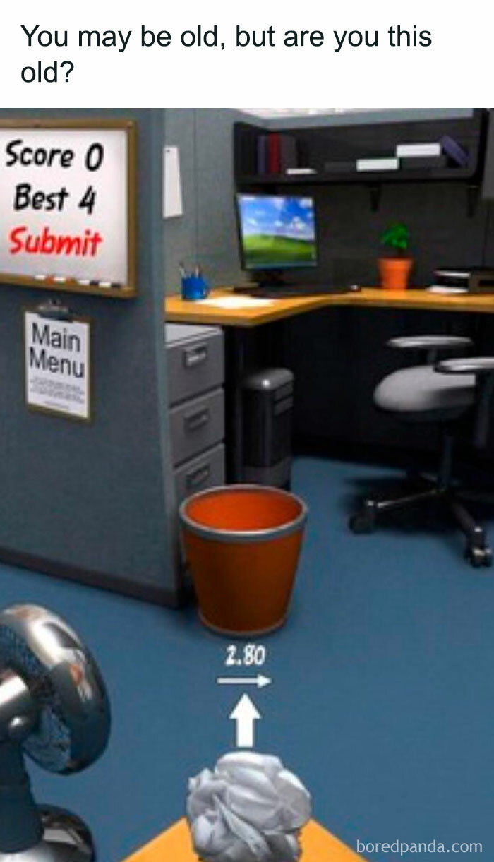 Paper toss game scene in a retro office setting, evoking nostalgic posts that capture the magic of growing up in the ’90s.
