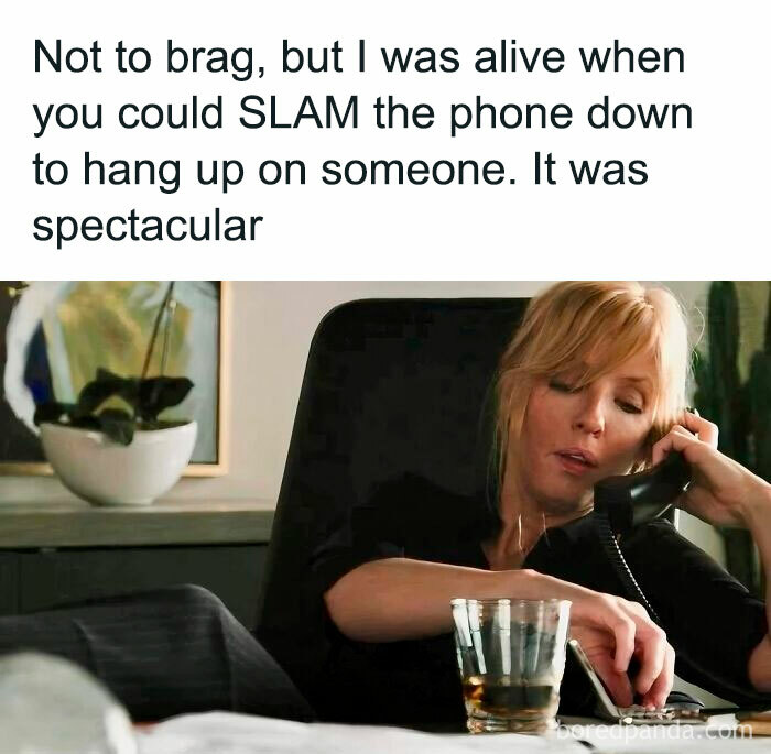 Woman sitting on a chair, holding a phone with text about nostalgic moments from growing up in the ’90s and slamming phones.