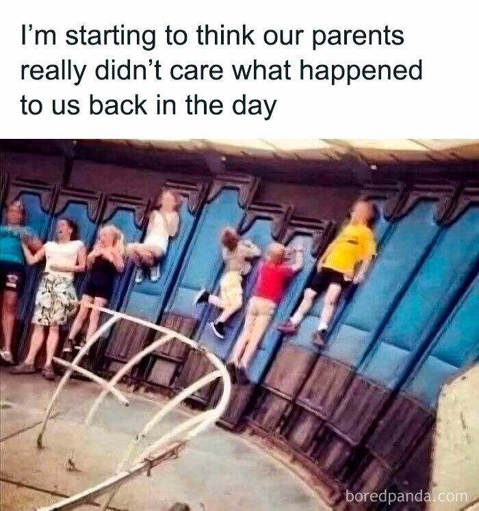 Kids riding a tilted spinning carnival ride, capturing nostalgic posts about growing up in the ’90s carefree days.