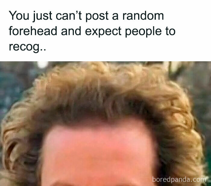 Partial close-up of a curly hair forehead with nostalgic posts about growing up in the 90s humor.