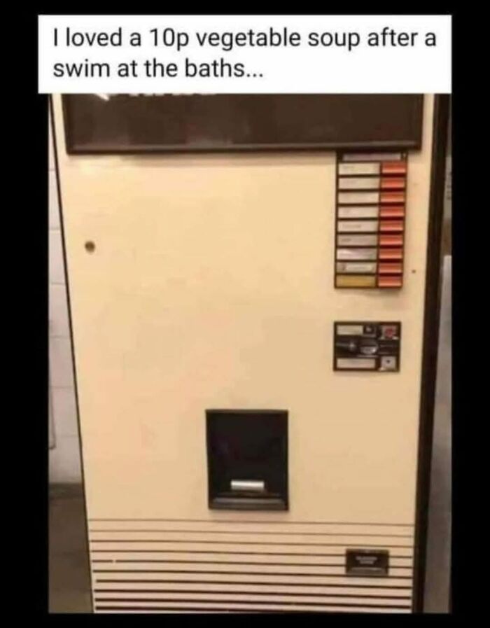 Old vending machine for 10p vegetable soup evoking nostalgic posts about growing up in the ’90s.