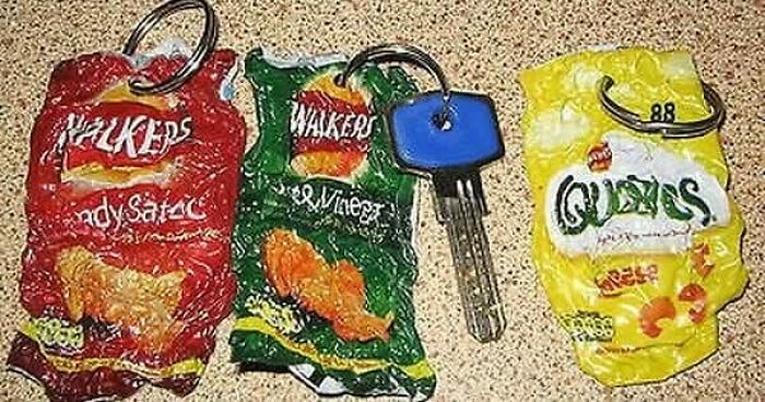 Keychains made from crushed vintage snack bags, capturing nostalgic 90s childhood vibes and memorable moments.