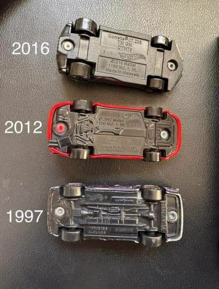 Bottom views of toy cars from 1997, 2012, and 2016 showing nostalgic posts capturing the magic of growing up in the ’90s.