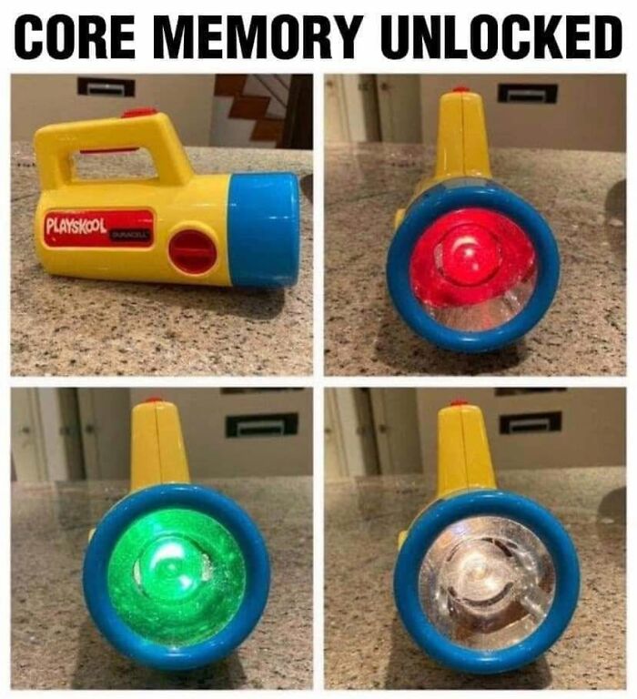Classic 90s Playskool flashlight toy shown in four views, evoking nostalgic posts about growing up in the ’90s.