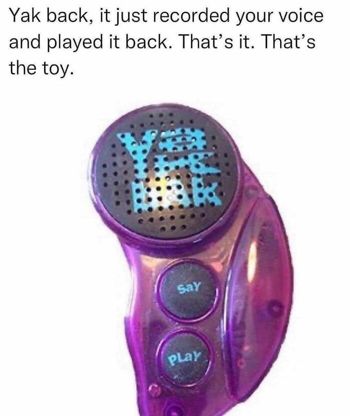 Purple Yak Bak toy from the ’90s with say and play buttons, capturing nostalgic childhood memories and growing up magic.