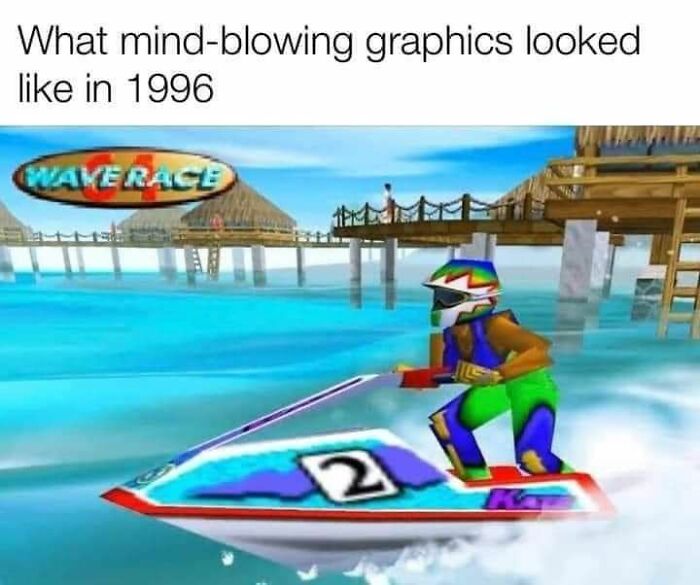 1990s nostalgic video game graphics showing a colorful jet ski race on water with blocky character design.